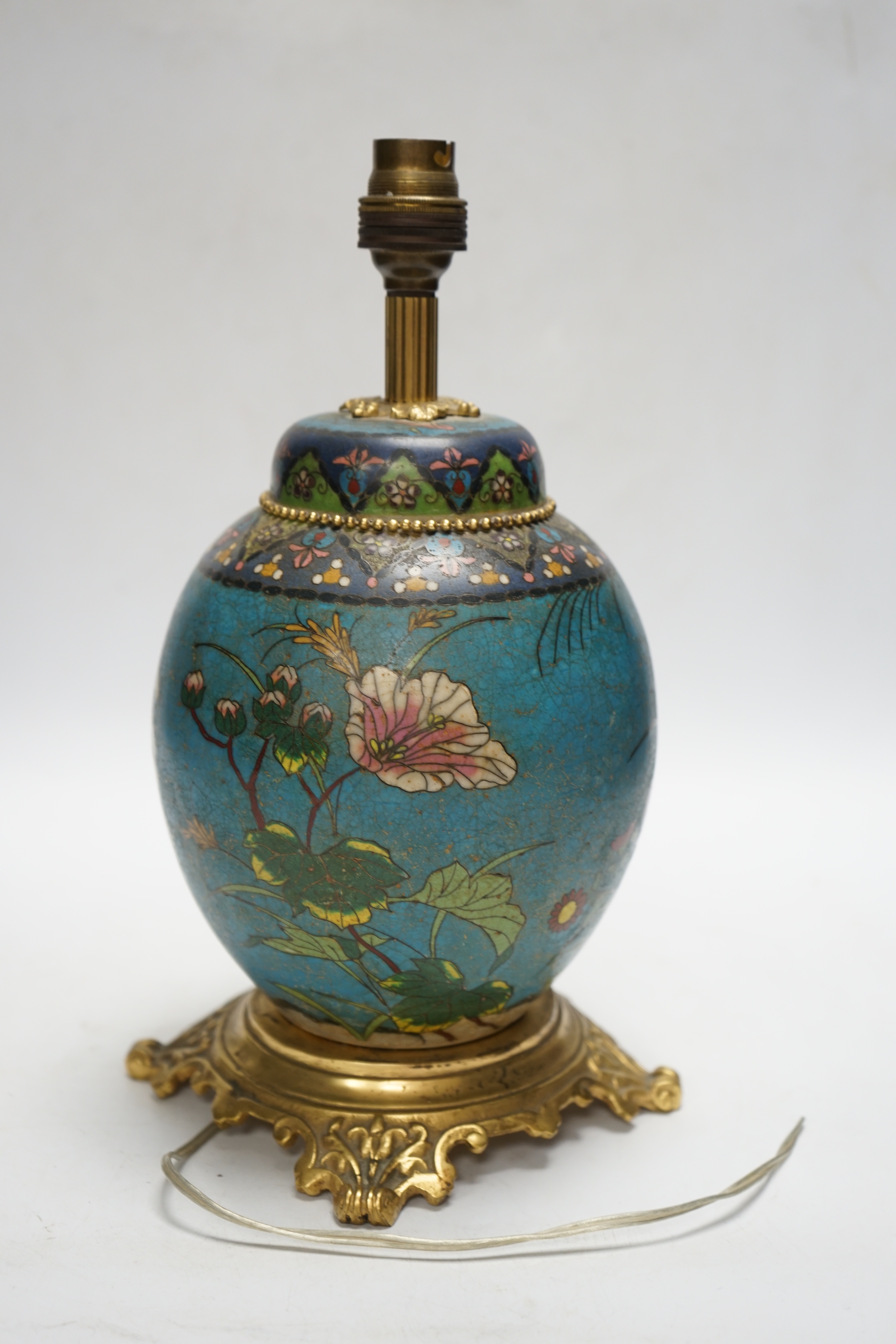 A Japanese ceramic cloisonné jar, mounted as a lamp, 30cm total